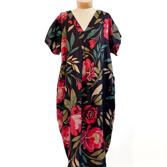 Gudrun Sjoden NWOT Linen Floral/Black Dress Pockets Bubble Hem Med Lagenlook NEW - Picture 1 of 13